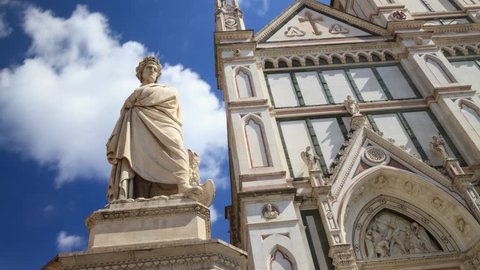 Time-lapse to Italian poet Dante Alighieri monument, the Divine Comedy writer in Piazza Santa Croce, Florence, Tuscany, Italy