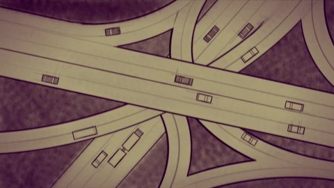 Highway interchange. Aerial top view. Hand drawn animation. Seamless loop. Retro flickering look.