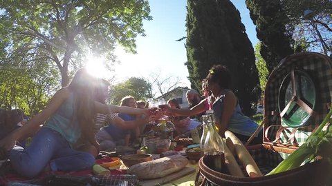Group of friends enjoying picnic while drinking red wine and eating snack appetizer in slow motion - Young people cheering with sangria and having fun together at sunset - Fisheye lens distorsion