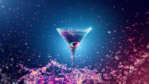 Bright cocktail with olive in glass, splashing water on dark background. The object is illuminated from two sides, blue and red color. Drops, bokeh and glare move on the frame. Slow motion 4K footage