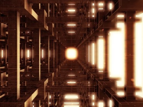 Motion Graphics. Abstract journey through sepia scaffold structure. Much motion blur. Subtle dust particles drift through structure. Preview may appear more bleached out than actual rendered footage.