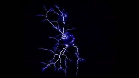 Overhead view of multiple blue electric arcs emanating from Tesla coil