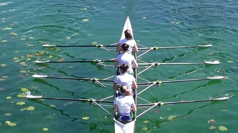 Four women rowing on the tranquil lake, full hd, slow motion video
