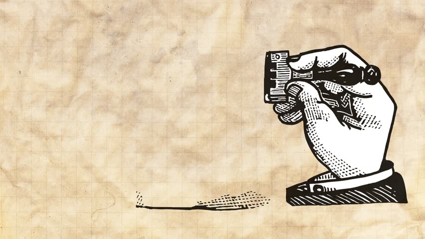 A drawn hand putting a stamp on a surface. Vintage retro old-style animation. Backgrounds: crumpled dirty old papers, flower wallpaper, white, plain green screen.
