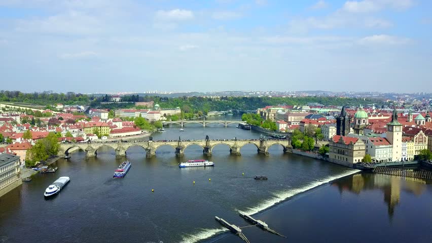 Prague Aerial. Charles Bridge, Vltava River and Old Town.