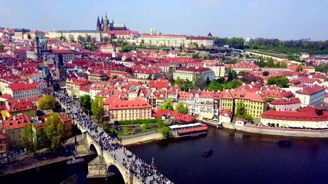 Prague Aerial. Charles Bridge, Mala Strana, Kampa and Prague Castle.