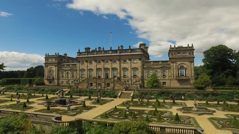 Aerial/Drone footage of Harewood House, a stately home in Leeds, England. 
