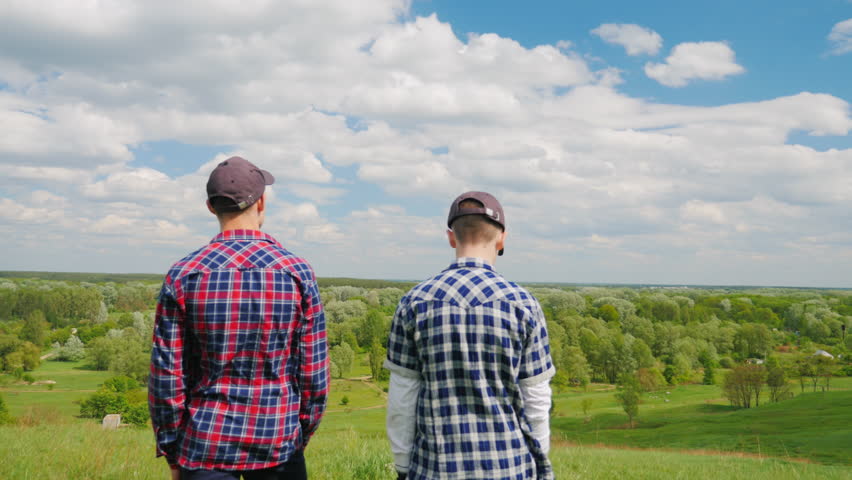 Two teenage boys stand in a picturesque rural place, look at the horizon. Rear view