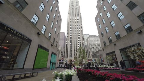 New York, USA - April 13 2017: The Rockefeller Center Channel Gardens day view.
Plant installations with seasonal variety between 5th Avenue and Rockefeller Piazza, before The Rockefeller center.