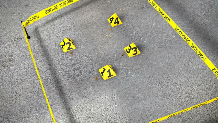 Set of four yellow marker of crime scene with numbers 1, 2, 3,4. Evidence marker. Do not cross tape. Camera lens flashes.