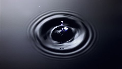 Overhead view of ultra-slow motion drop falling onto dark water and creating ring of ripples