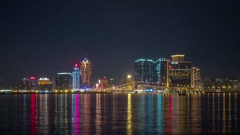 night light illumination macau famous casino and hotels bay panorama 4k time lapse china