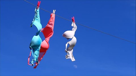 Woman's bras drying on a washing line on a sunny windy day