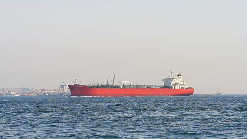 Red tanker ship sails in to Bosporus Sea
