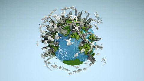 Low Poly Industrial Planet Turns Around. Multiple Cars and Planes Moves. Static View. Bright picture. Alpha map included.: film stockowy