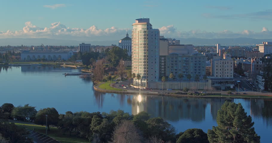 Aerial shot of Oakland City & lake merritt at sunrise