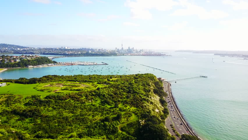 Aerial view on Auckland city center over Waitemata Harbour. New Zealand