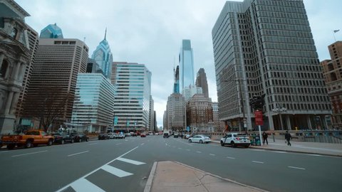 Wide angle street view at City Hall in Philadelphia - PHILADELPHIA / PENNSYLVANIA - APRIL 6, 2017