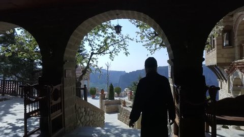 Meteora, Greece, monk walking