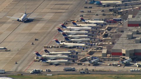 Aerial view of jets parked at Hartsfield-Jackson Atlanta International Airport. Shot in 2007.