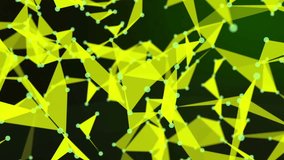 Abstract yellow geometrical background with moving dots and triangles. Connection structure. 3d animation.