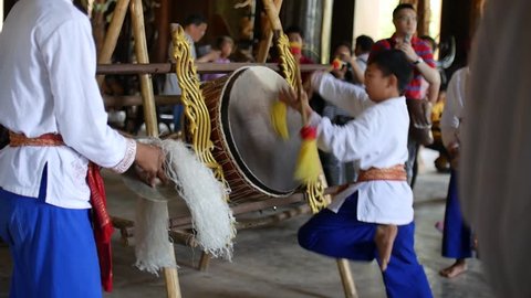 Thai traditional folk music performance Drum KlongSabatChai show at  Main Temple of Baandam Museum or Black House Temple of Thawan Duchanee in Chiang Rai, Thailand ; 19/04/2017