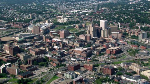 Flight approaching downtown Providence, Rhode Island, with view of Capitol. Shot in 2003.