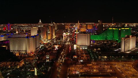 High-speed flight north over The Strip in Las Vegas. Shot in 2005.