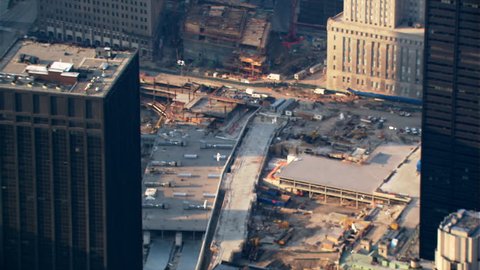 Flight looking down onto Freedom Tower foundation construction. Shot in 2003.
