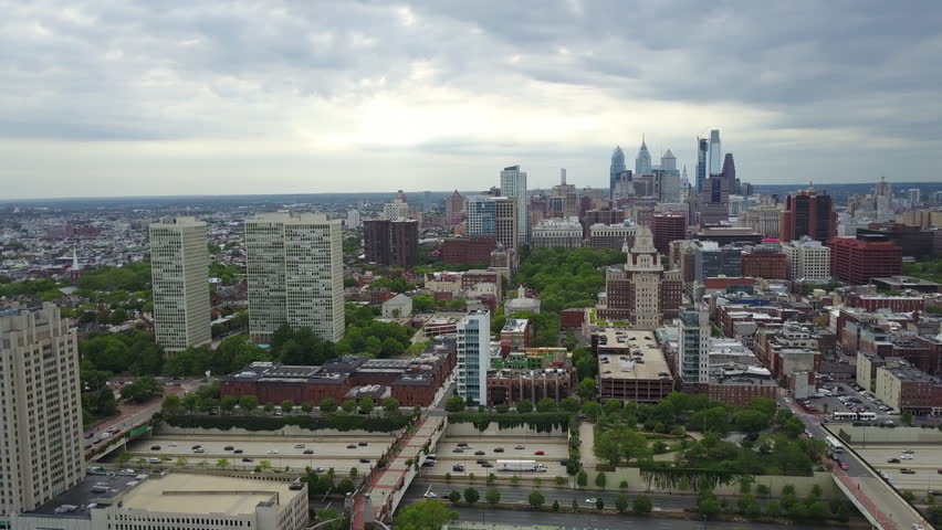 Aerial view of Philadelphia city skyline from Penn