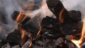 Burning wood in a furnace or fireplace. Clip footage 4K, UHD, Ultra HD