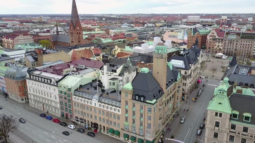 Beautiful aerial Malmo city view in Sweden with Savoy hotel, cathedral in the middle and the city center
