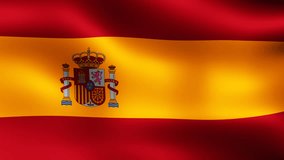 Flag of the Kingdom of Spain with the coat of arms, fluttering in the wind. Seamless looping video. 3D rendering. It is different phases of the movement close-up flag in the wind. 4K, 3840x2160.
