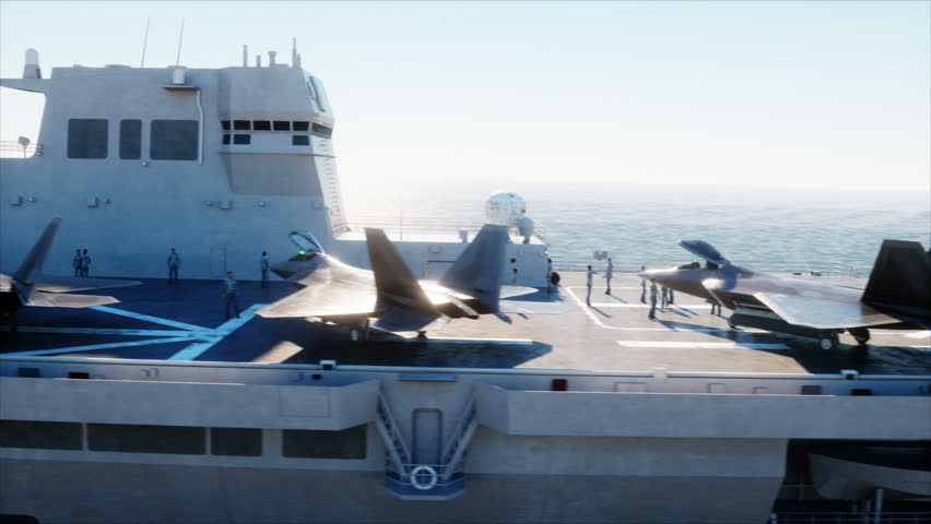 Aircraft carrier in sea, ocean with fighter. War and weapon concept. Realistic 4k animation.