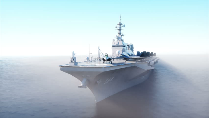 Aircraft carrier in sea, ocean with fighter. War and weapon concept. Realistic 4k animation.