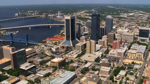 Aerial orbit of downtown Jacksonville, Florida. Shot in 2007.