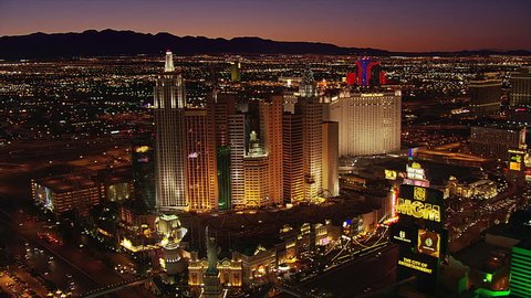 Wide aerial view of Las Vegas casinos at night. Shot in 2005.