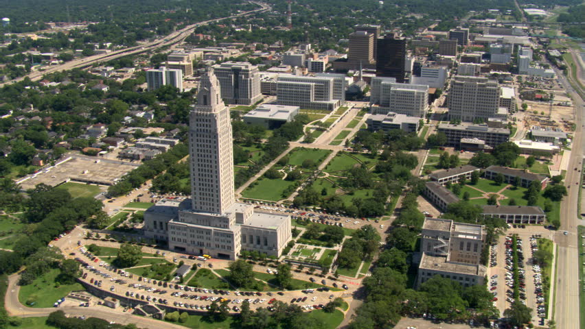 Orbit of capitol with view of Capitol Lake in Baton Rouge, Louisiana. Shot in 2007.