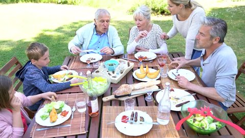 Family having summer lunch in garden
