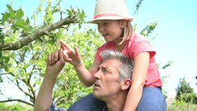Man with young girl looking at fruit trees buds