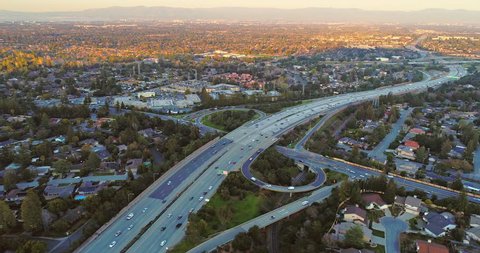 Aerial view over freeway in Silicon Valley Cupertino