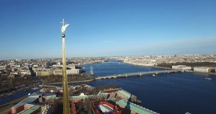 Aerial drone video with view of beautiful vintage architecture of St.-Petersburg, views of city central area, Peter & Pavel Fortress, Finnish Bay and surroundings of the northern capital of Russia
