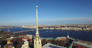 Aerial drone video with view of beautiful vintage architecture of St.-Petersburg, views of city central area, Peter & Pavel Fortress, Finnish Bay and surroundings of the northern capital of Russia