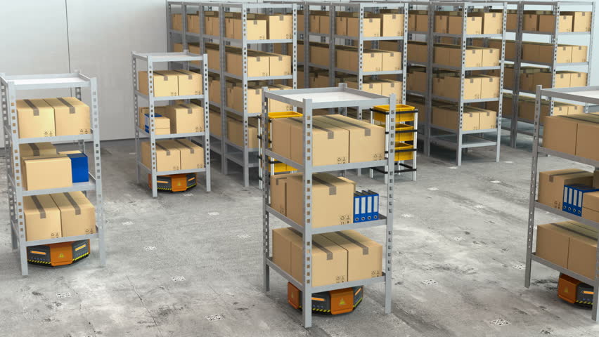Warehouse robots carry goods and go to charging station automatically. Advanced warehouse robotics technology concept. 3D rendering animation. Royalty-Free Stock Footage #26756590