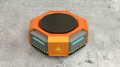 Orange robots carrying pallets with goods in modern warehouse.  Modern delivery center concept. 3D rendering animation.