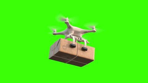 Quadcopter delivers package, seamless looping 3d animation on a white black and green background, 4K