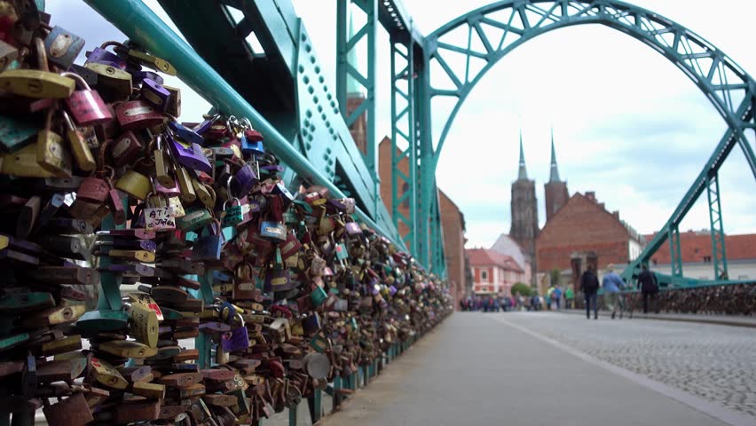Metal locks of love on the bridge - Wroclaw Poland