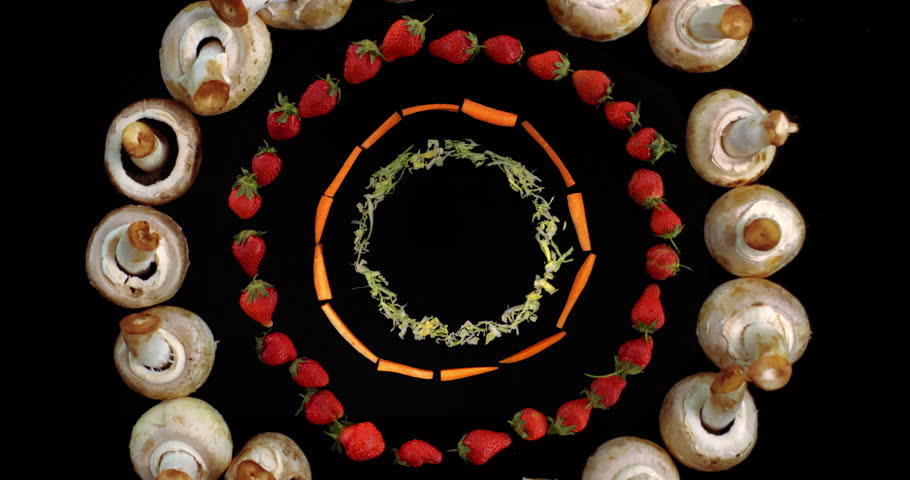 Healthy food animation background with mushrooms, strawberries, carrots and lettuce. Animated in a retro unique style that looks eye catching and fun