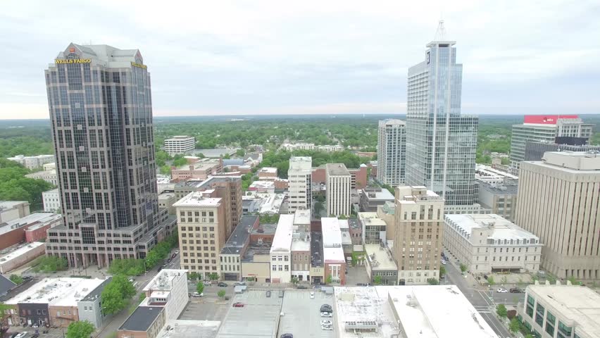 Aerial footage of downtown Raleigh, NC.  Moving toward Moore Square from Nash Square.