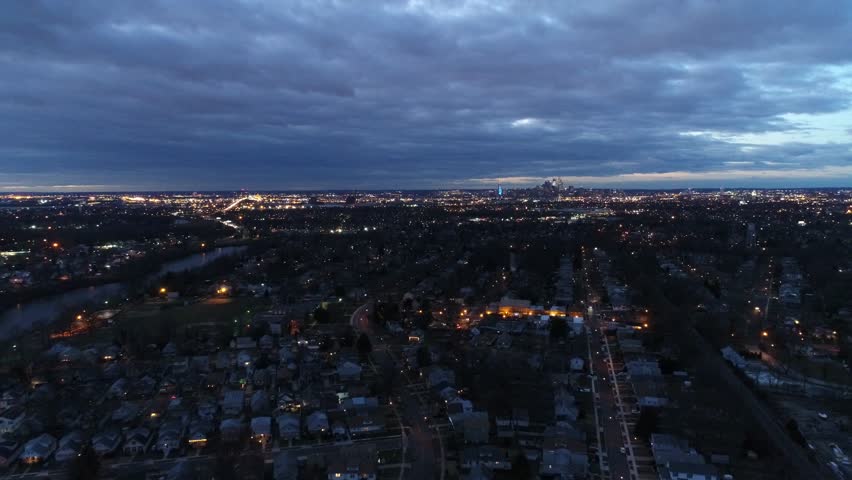 Aerial View Flying towards Philadelphia Skyline